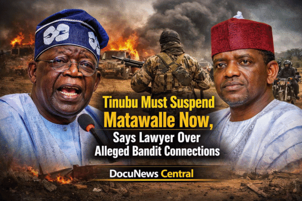 Armed conflict in Nigeria with military vehicles, soldiers, and burning scenes in the background.