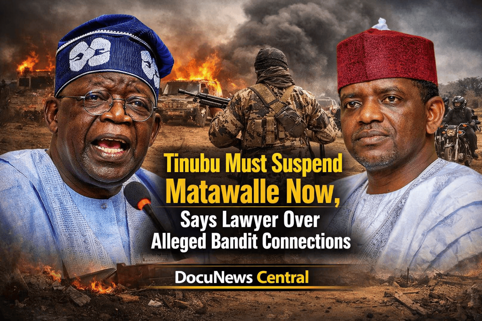 Armed conflict in Nigeria with military vehicles, soldiers, and burning scenes in the background.