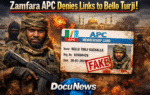 AI Generated Illustration showing An APC membership card labeled 'FAKE' alongside Bello Turji in tactical gear. Zamfara APC Denies Links to Bello Turji