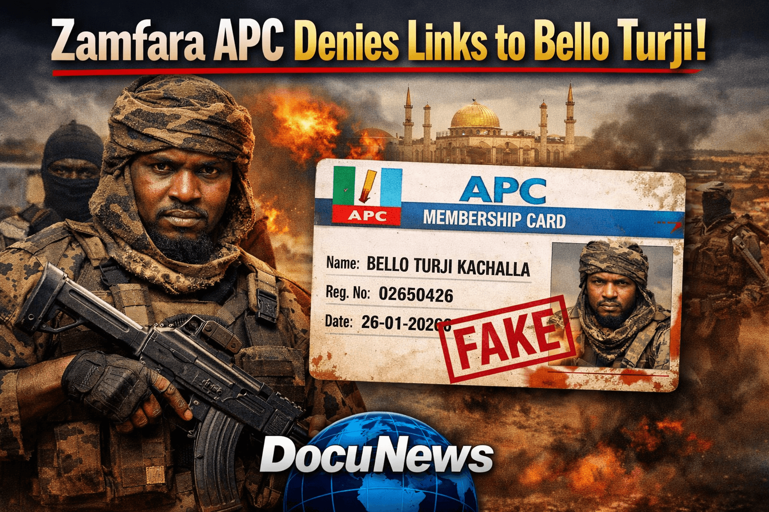 AI Generated Illustration showing An APC membership card labeled 'FAKE' alongside Bello Turji in tactical gear. Zamfara APC Denies Links to Bello Turji