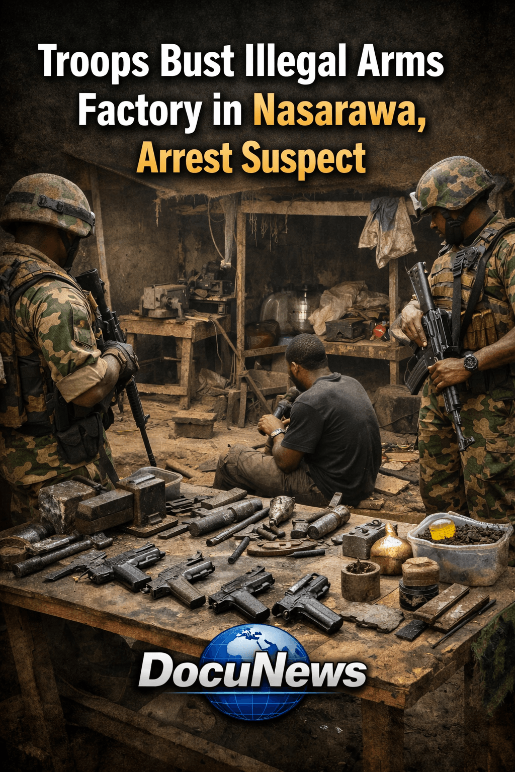 AI Generated Illustration showing were Military personnel are inspecting an illegal arms factory with various tools and weapons.