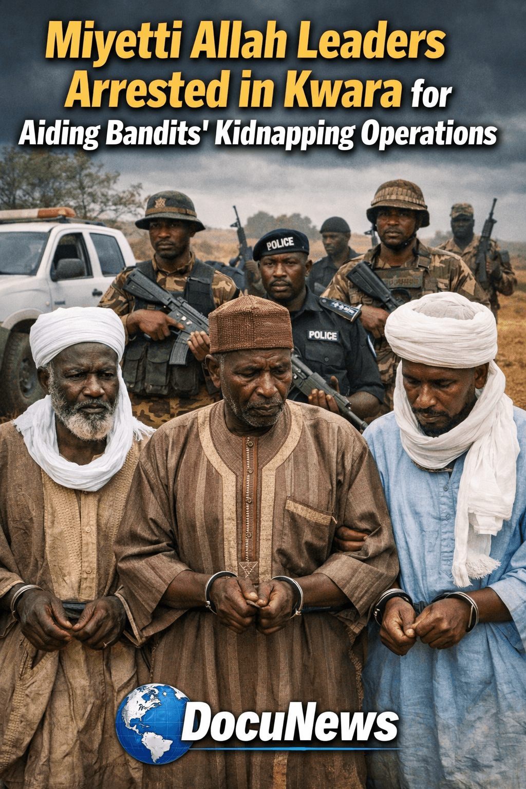 AI Generated Illustration Of A group of men in traditional attire with armed personnel in the background. they are Miyetti Allah Leaders arrested