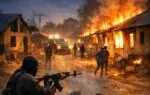 AI Generated illustration Of scene depicting armed individuals amidst burning buildings at night.