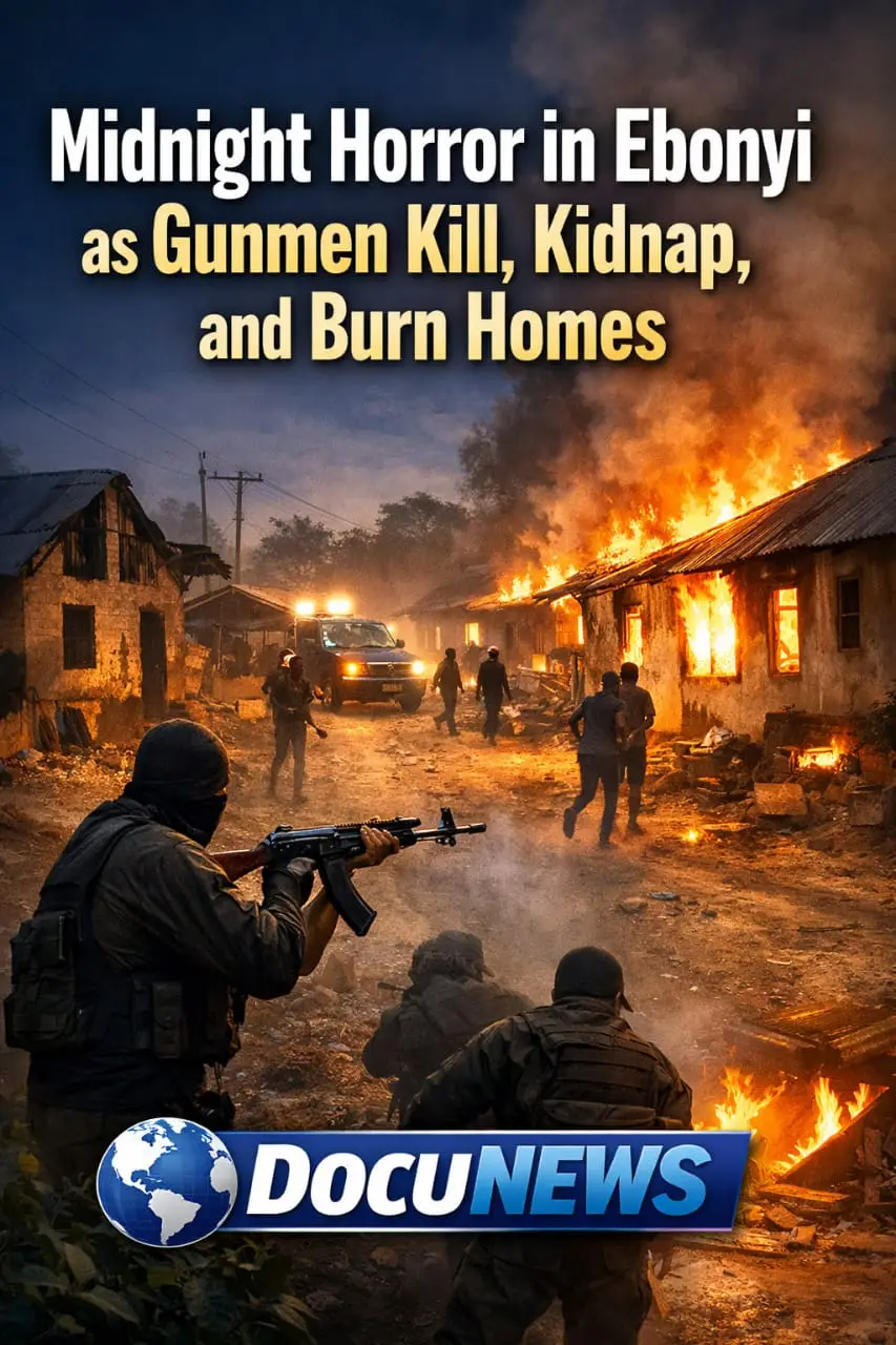 AI Generated illustration Of scene depicting armed individuals amidst burning buildings at night.