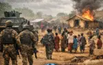 AI Generated illustration of Zamfara Attack. Military personnel walking towards a village with smoke rising in the background.