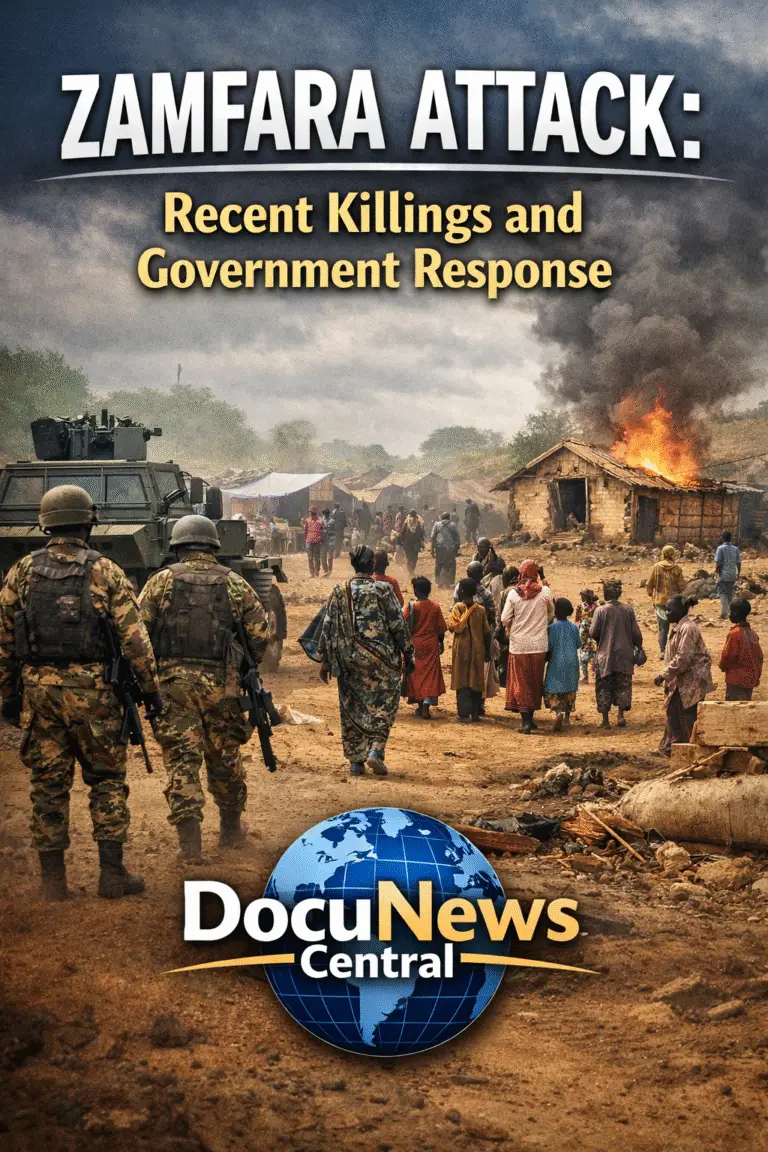 AI Generated illustration of Zamfara Attack. Military personnel walking towards a village with smoke rising in the background.