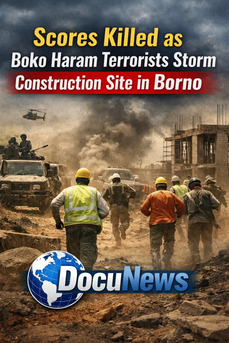 AI generated illustrations Of Construction workers in helmets walking away from a construction site with a dramatic sky and military presence in the background.