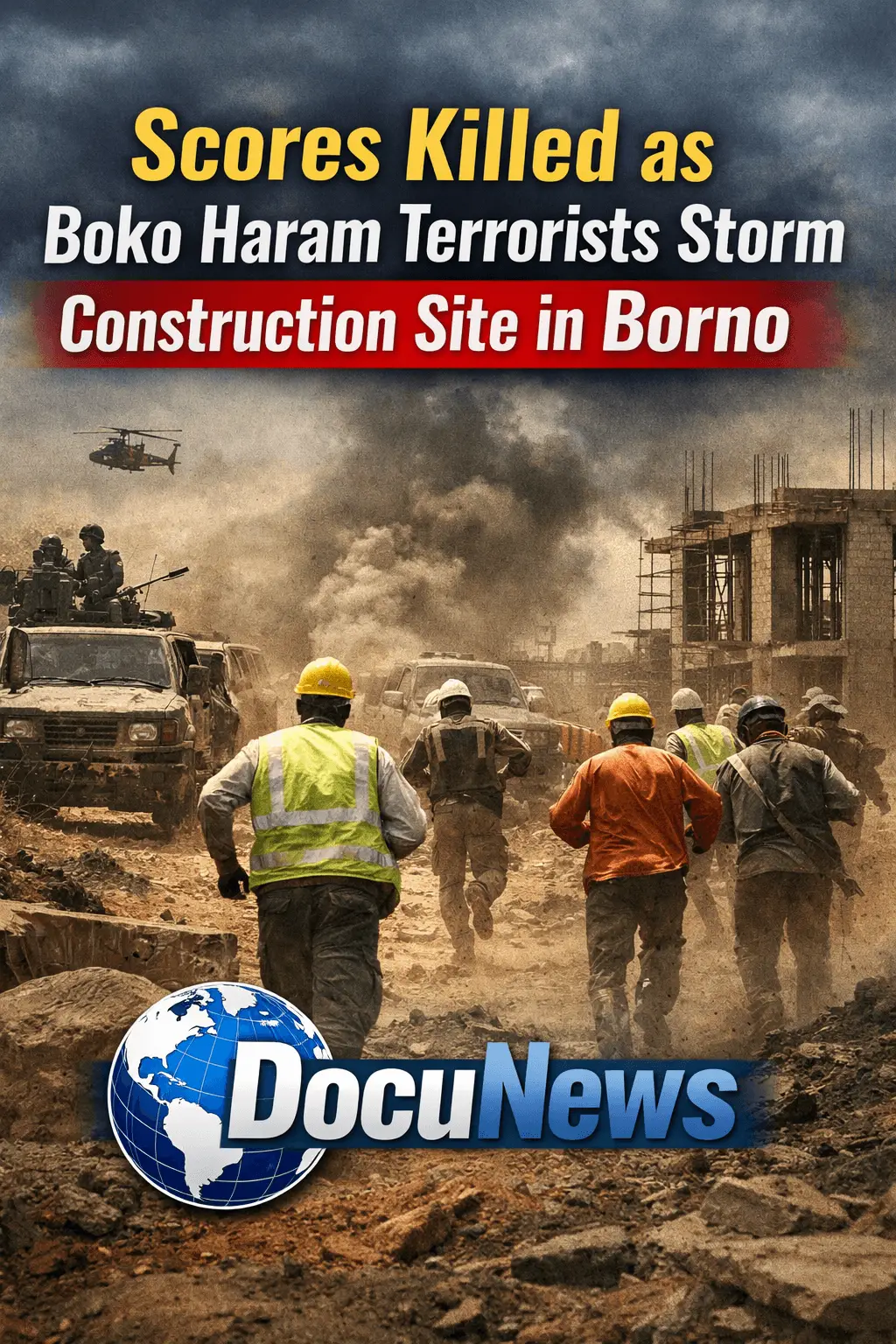 AI generated illustrations Of Construction workers in helmets walking away from a construction site with a dramatic sky and military presence in the background.