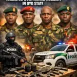 AI generated illustrations Of Four dismissed army officers in military uniforms, with one wearing a red beret, arrested for armed robbery in Oyo State, alongside police and weapons.