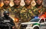 AI generated illustrations Of Four dismissed army officers in military uniforms, with one wearing a red beret, arrested for armed robbery in Oyo State, alongside police and weapons.