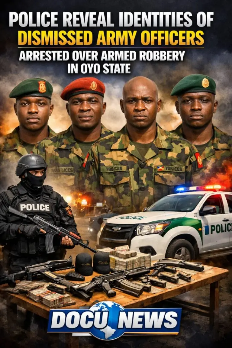 AI generated illustrations Of Four dismissed army officers in military uniforms, with one wearing a red beret, arrested for armed robbery in Oyo State, alongside police and weapons.