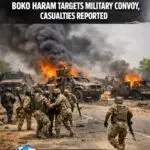AI generated illustrations of Soldiers responding to an attack on a military convoy in Borno, with vehicles on fire and smoke rising in the background.