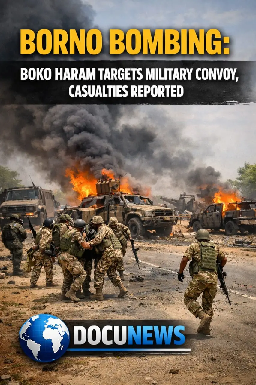 AI generated illustrations of Soldiers responding to an attack on a military convoy in Borno, with vehicles on fire and smoke rising in the background.