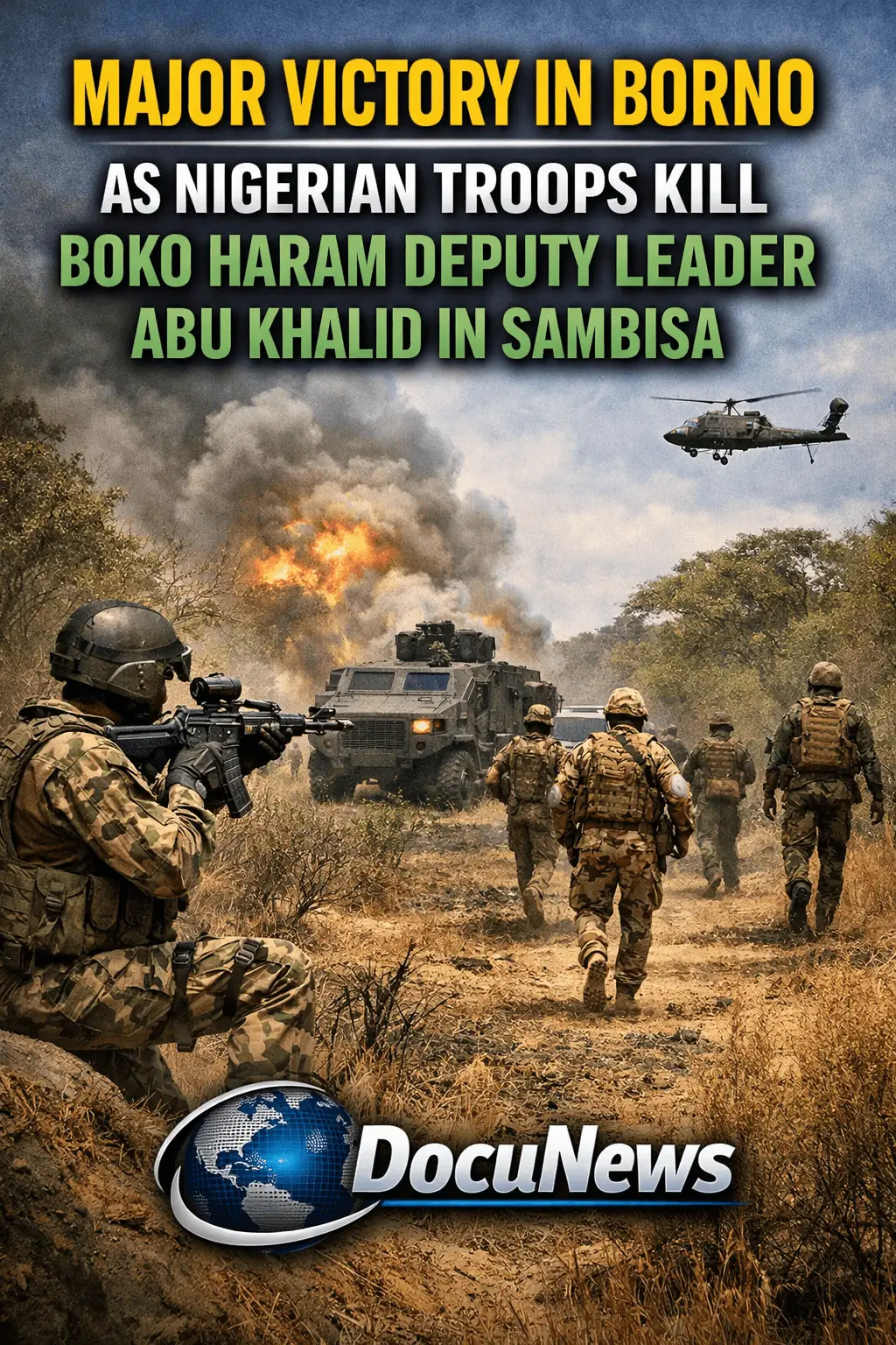 AI generated illustrations Of Military personnel in tactical gear walking in a landscape with an armored vehicle and a helicopter overhead, related to a news story on security.