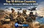 AI generated illustrations Of African military power ranking 2026 showing modern troops, combat aircraft, naval ship, and armored vehicle