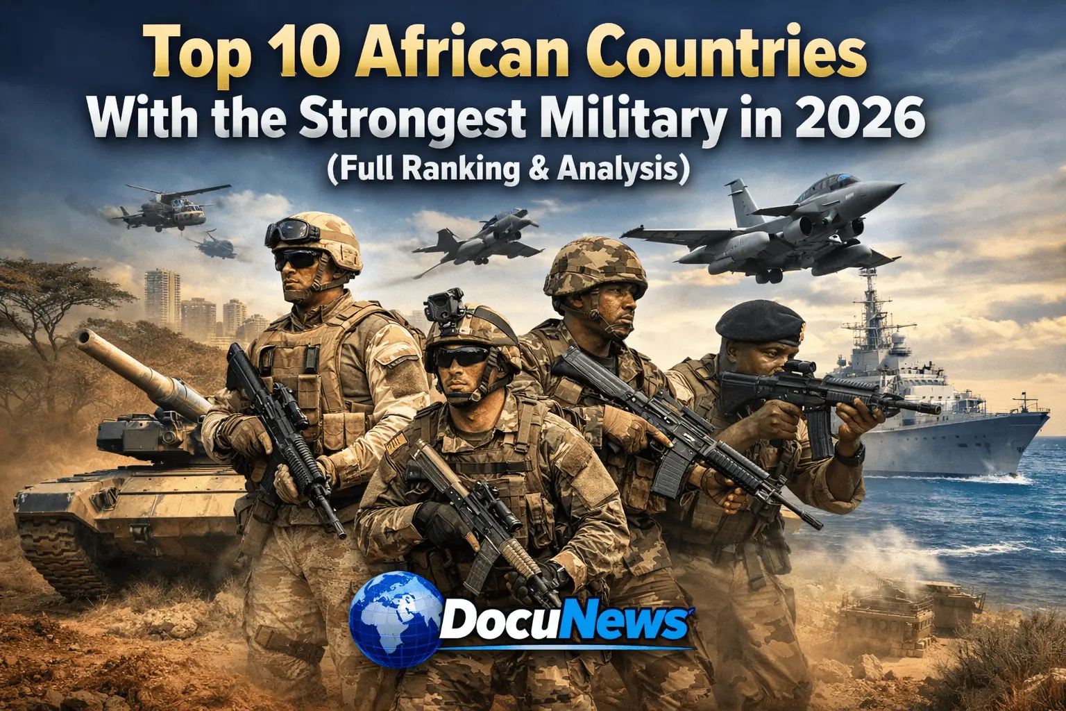 AI generated illustrations Of African military power ranking 2026 showing modern troops, combat aircraft, naval ship, and armored vehicle