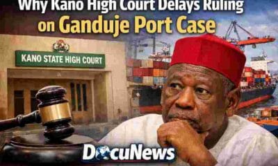 AI generated illustrations Of Why Kano High Court Delays Ruling on Ganduje Port Case – Kano State High Court building and Abdullahi Umar Ganduje with port background