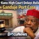AI generated illustrations Of Why Kano High Court Delays Ruling on Ganduje Port Case – Kano State High Court building and Abdullahi Umar Ganduje with port background