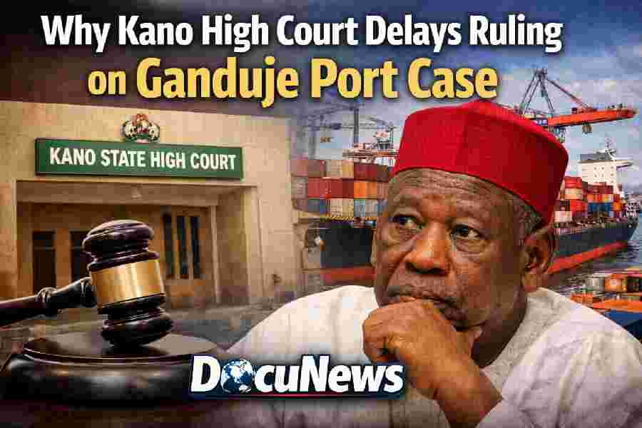 AI generated illustrations Of Why Kano High Court Delays Ruling on Ganduje Port Case – Kano State High Court building and Abdullahi Umar Ganduje with port background