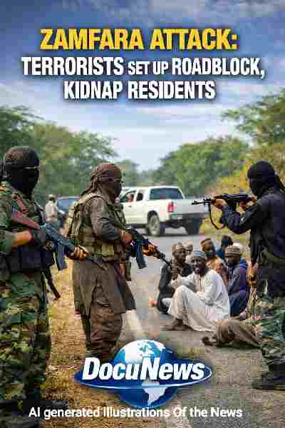 Zamfara attack image showing terrorists mounting a roadblock and abducting residents in Nigeria with DocuNews branding