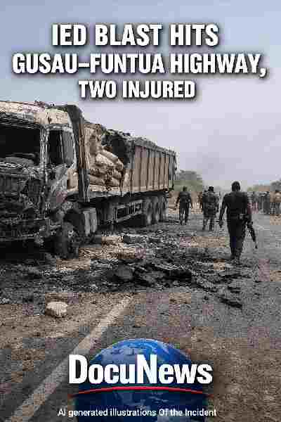 IED blast on Gusau–Funtua highway in Zamfara State damages cement trailer with security personnel at the scene