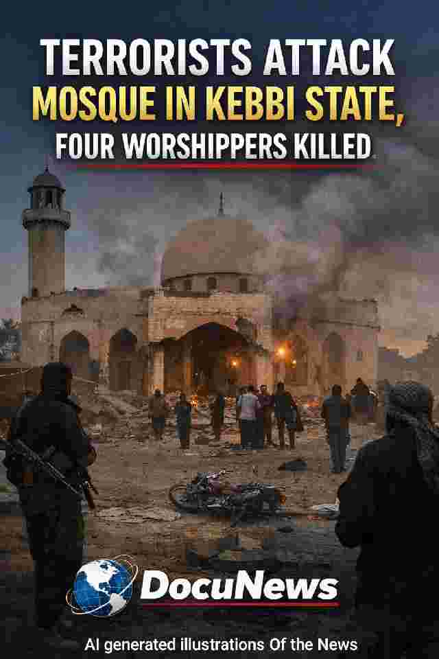 Terrorists attack mosque in Kebbi State, smoke rising from damaged building, DocuNews news graphic