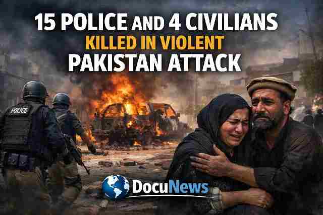 15 Police and 4 Civilians Killed in Violent Pakistan Attack news graphic with DocuNews logo and globe design