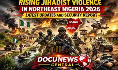 Rising Jihadist Violence in Northeast Nigeria 2026 security report banner with bold headline and DocuNews Central logo