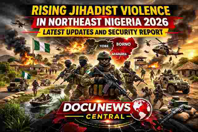 Rising Jihadist Violence in Northeast Nigeria 2026 security report banner with bold headline and DocuNews Central logo