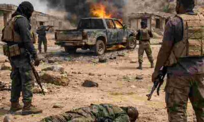 AI generated illustrations Of Headline graphic showing One Dead as Suspected Boko Haram Terrorists Attack Vigilantes in Gwoza, Borno State, Nigeria, with DocuNews branding and globe design.