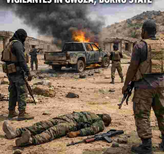 AI generated illustrations Of Headline graphic showing One Dead as Suspected Boko Haram Terrorists Attack Vigilantes in Gwoza, Borno State, Nigeria, with DocuNews branding and globe design.