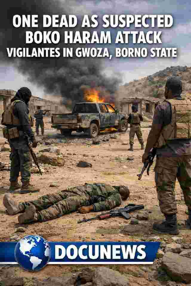 AI generated illustrations Of Headline graphic showing One Dead as Suspected Boko Haram Terrorists Attack Vigilantes in Gwoza, Borno State, Nigeria, with DocuNews branding and globe design.