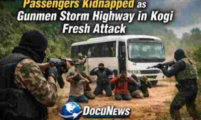 Passengers kidnapped as gunmen storm highway in Kogi State fresh attack, armed men stopping bus on rural road with DocuNews branding.