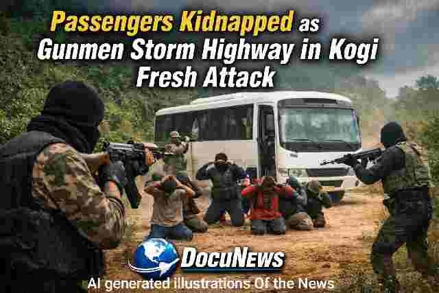 Passengers kidnapped as gunmen storm highway in Kogi State fresh attack, armed men stopping bus on rural road with DocuNews branding.