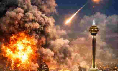 Israel confirms strike on Iran as smoke and explosions rise over Tehran skyline with DocuNews logo.