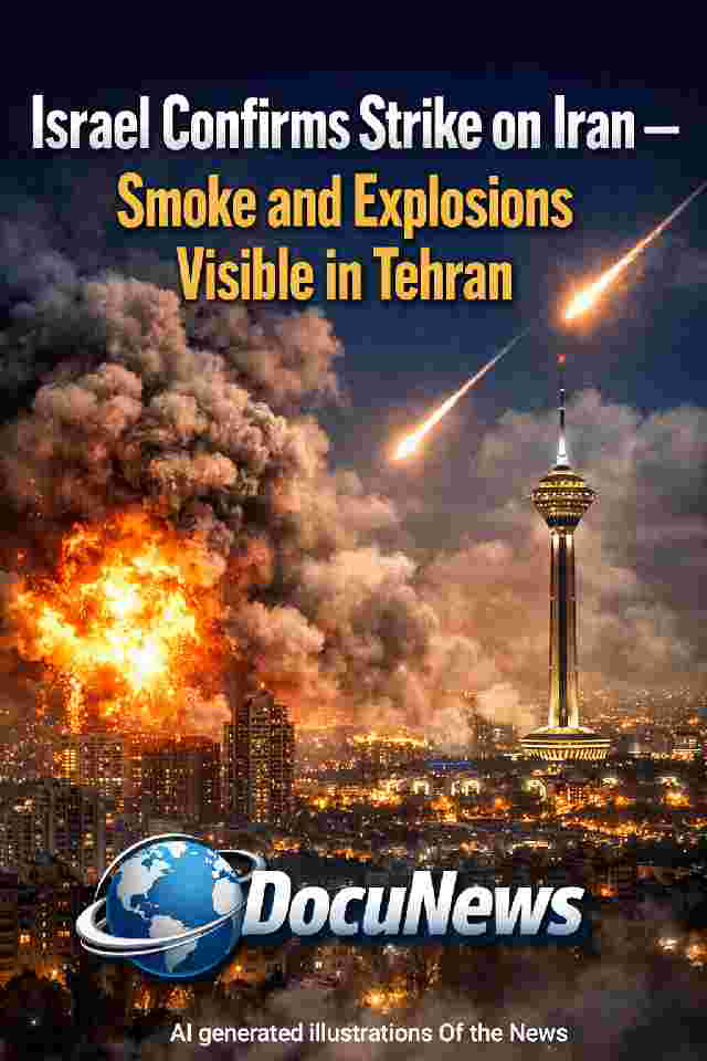 Israel confirms strike on Iran as smoke and explosions rise over Tehran skyline with DocuNews logo.