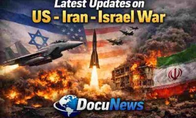 Latest updates on US Iran Israel war news graphic with bold headline and DocuNews logo design