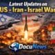 Latest updates on US Iran Israel war news graphic with bold headline and DocuNews logo design