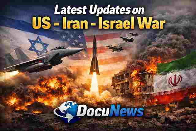 Latest updates on US Iran Israel war news graphic with bold headline and DocuNews logo design