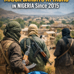 AI generated illustrations Of "Timeline of Major Bandits Attacks in Nigeria Since 2015 – armed men overlooking a rural village, DocuNews logo with globe at the bottom"