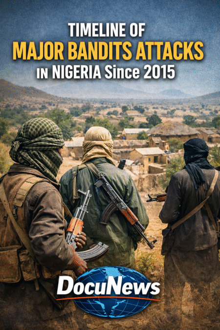AI generated illustrations Of "Timeline of Major Bandits Attacks in Nigeria Since 2015 – armed men overlooking a rural village, DocuNews logo with globe at the bottom"