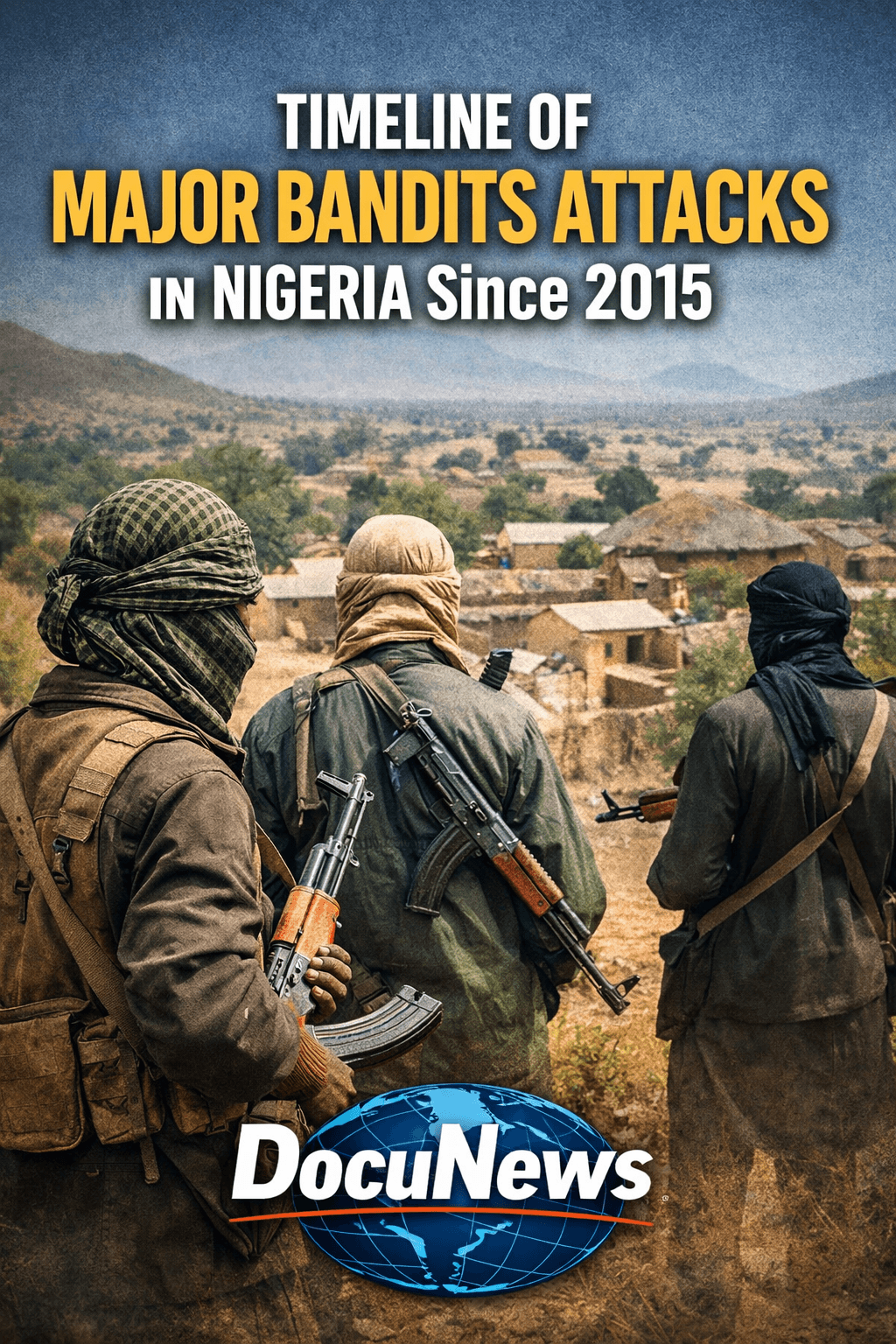 AI generated illustrations Of "Timeline of Major Bandits Attacks in Nigeria Since 2015 – armed men overlooking a rural village, DocuNews logo with globe at the bottom"