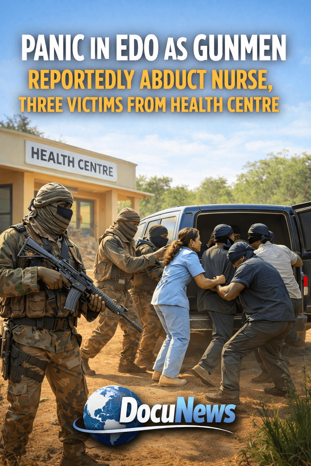 AI generated illustrations Of Gunmen reportedly abduct nurse and three victims from Edo community health centre as panic spreads