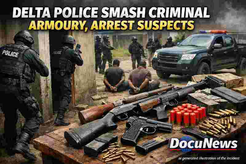 AI generated illustrations Of Delta Police smash criminal armoury in Delta State, recover guns and ammunition