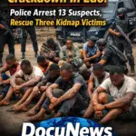 AI generated illustrations Of Edo State police crackdown scene showing arrested suspects and rescued victims.