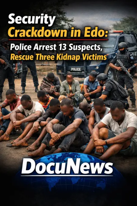 AI generated illustrations Of Edo State police crackdown scene showing arrested suspects and rescued victims.