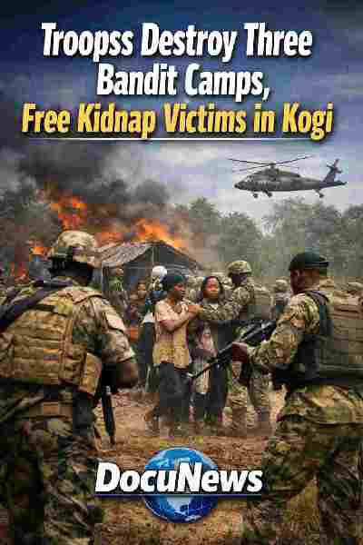 AI generated illustrations Of Troops destroy three bandit camps and rescue kidnap victims during joint military operation in Kogi State, Nigeria – DocuNews globe security update