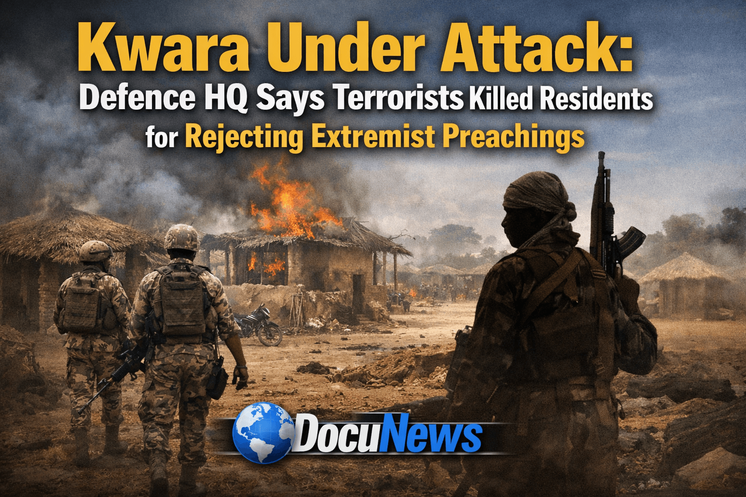 AI generated illustrations Of Kwara Under Attack as Defence HQ confirms terrorists killed residents for rejecting extremist preachings