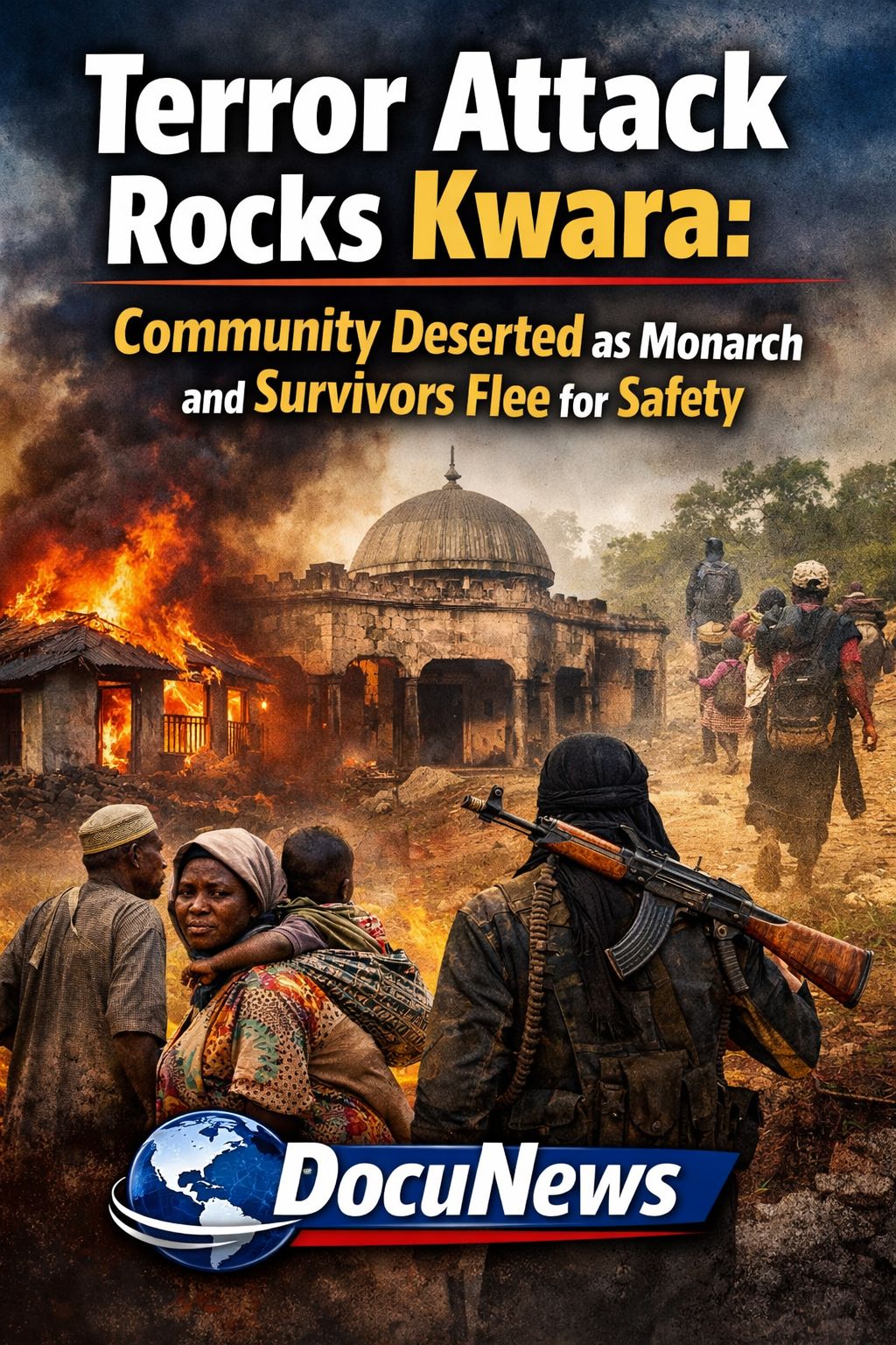 AI generated illustrations Of Terror attack in Kwara State forces residents and traditional ruler to flee deserted community