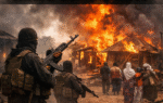 AI generated illustrations Of Professional news graphic of Kwara villages with headline “Breaking: Terrorists Kill 75 in Kwara Communities” at the top and DocuNews globe logo at the bottom, suitable for online news coverage without showing graphic content.